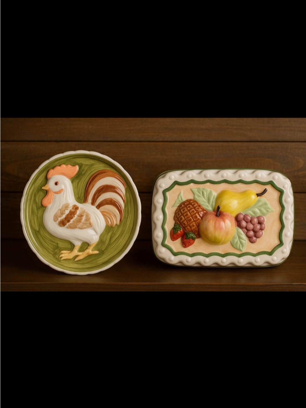 Decorative Ceramic Rooster and Fruit Wall Plaques - Green Accent